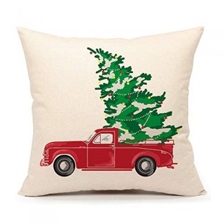  4TH Emotion Red Truck con árbol de Navidad Decoraciones para el hogar vintage Funda de cojín Funda de cojín Lino de algodón de 18 x 18 pulgadas 