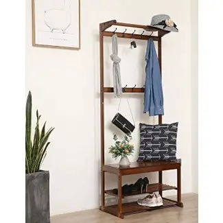  SeiriOne Bamboo Coat Rack Benck Shoe, estante de entrada Hall Tree, 20 ganchos, 1 organizador de almacenamiento, montaje fácil 