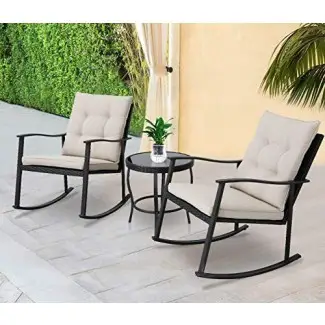  Muebles de exterior Solaura Juego de bisutería de patio de mimbre mecedora de 3 piezas Mimbre negro con cojines beige - Dos sillas con mesa de centro de vidrio 