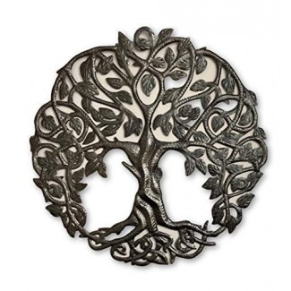  Arte de pared de metal Tree of Life, decoración contemporánea de hierro, árboles genealógicos celtas, placa moderna redonda de 23 x 23 pulgadas, hecho a mano en Haití, certificado de comercio justo, firmado por Wilson Etienne 