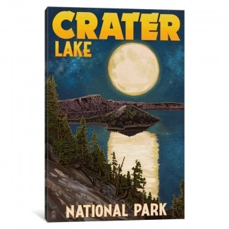 'EE. UU. Serie de Servicios del Parque Nacional: Parque Nacional del Lago del Cráter (Luna Llena sobre el Lago del Cráter) 'Anuncio Vintage sobre Lienzo 