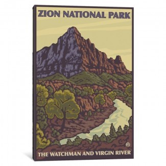  'EE. UU. Serie de Servicios del Parque Nacional: Parque Nacional Zion (The Watchman and Virgin River) 'Vintage Advertisement on Canvas 