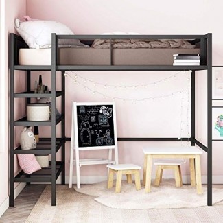  DHP Tiffany Storage Loft Bed con estante para libros, incluye estantes y espacio libre debajo de la cama, metal negro - Twin 