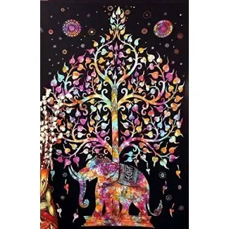  Artesanías populares Árbol de la vida Elefante Tie Dye Diseño floral intrincado psicodélico bohemio Tapicería india 54x84 pulgadas, (140cmsx215cms) 