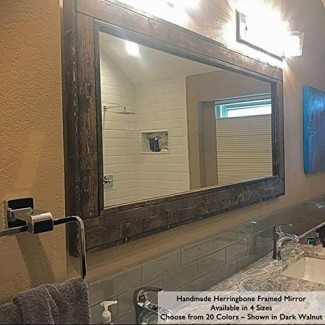  Herringbone Reclaimed Wood Espejo enmarcado EX LARGE, disponible en 4 tamaños y 20 colores: se muestra en nogal oscuro - Espejo de tocador para baño - Espejo montado en la pared - Decoración rústica 