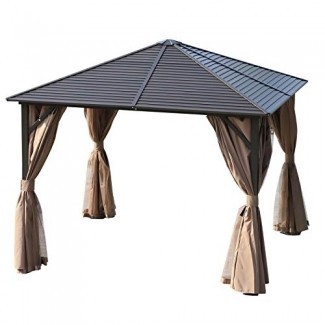  Gazebo de techo rígido para jardín, 10 x 10, de acero, con mosquitero y cortinas, marrón / negro 
