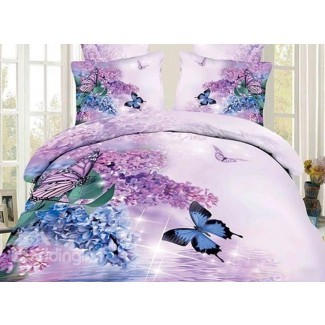  Juegos de cama de 4 piezas de algodón con estampado de mariposa y lila 3D ... 