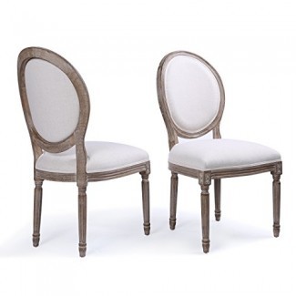  Belleze Conjunto de (2) sillas de comedor con respaldo redondo, clásico, elegante, de lino y tapizado, con patas de madera maciza, beige 
