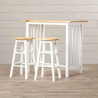  Juego de mesa de altura de mostrador - Muebles para pub o desayuno de 3 piezas para el hogar - Mesa y 2 sillas - Muebles de calidad - Blanco con tapa de madera de abedul natural 