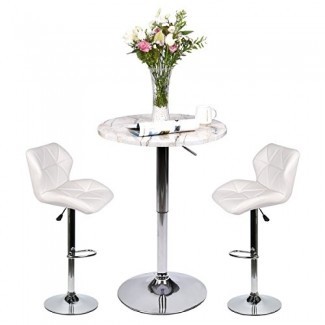  Pub Table Set 3 piezas - Mesa redonda de 24 pulgadas con 2 sillas de cuero sintético - Altura ajustable (Taburetes de bar blancos + Mesa de bar con rayas de mármol) 