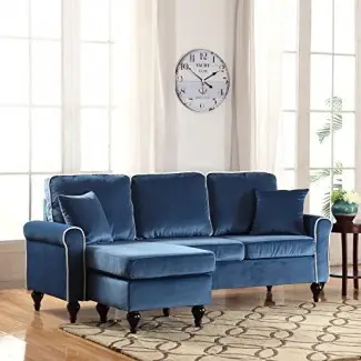  Divano Roma Furniture Classic y tradicional Sofá seccional de terciopelo para espacios pequeños con chaise reversible 