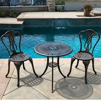  Belleze 3PC Bistro Set Muebles de patio al aire libre Diseño Mesa y silla de aluminio fundido Antiguo, bronce 