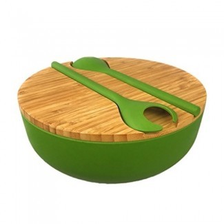  Juego de tazón de ensalada de bambú con tapa y utensilios - Tazón de madera lindo con tapa de tabla de cortar y servidores para ensaladas, pastas, frutas, platos laterales - Ecológico , Sin BPA - Ideal para fiestas, picnics 