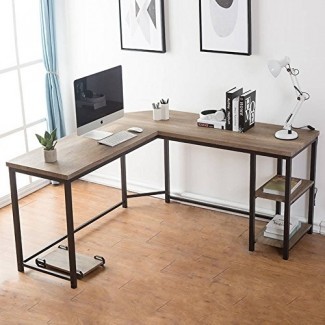 Escritorio para computadora FurniChoi, escritorio en forma de L, mesa para computadora portátil en esquina con estante de madera y metal, para la estación de trabajo de la oficina doméstica 