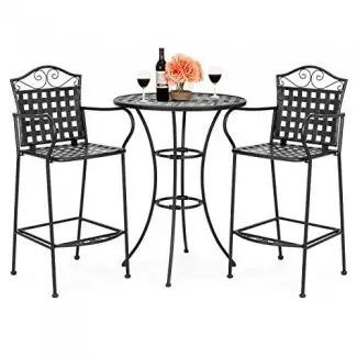  Best Choice Products - Juego de mesa de 3 piezas con diseño de tejido de hierro forjado y barra de patio con 2 sillas - Negro 