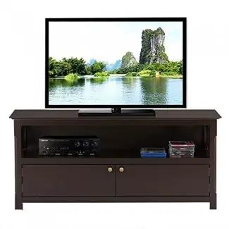  Topeakmart Wood Soporte de TV para pantallas planas con 2 puertas Armarios de almacenamiento y estante abierto, Espresso 
