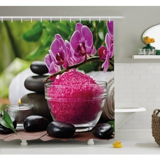  Juego de cortinas de baño Zen Stone Triples con orquídeas de tipo asiático y cortina de ducha fucsia 