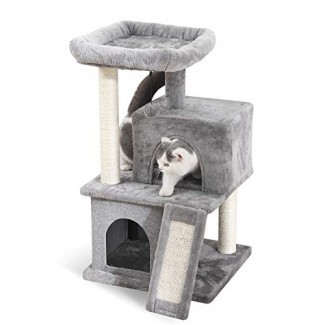  PAWZ Road Cat Tree Torre de gato de lujo con condominios dobles, percha espaciosa, poste de sisal rascador totalmente envuelto y bolas colgantes reemplazables Gris 