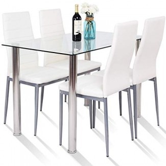 Juego de mesa de comedor Tangkula 5 piezas Juego de mesa moderna de vidrio templado y silla de cuero de PVC con 4 sillas Muebles de cocina para comedor (blanco y plateado)