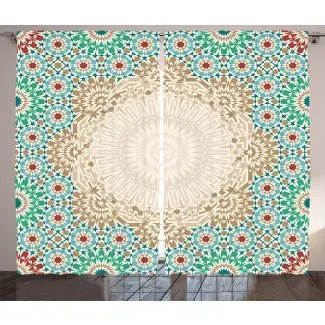  Patrón de mosaico de arte otomano marroquí de Boevange con formas florales orientales Desplazamiento antiguo Cerámica Boho Print Impresión gráfica y texto Varilla semitransparente Paneles de cortina de bolsillo (juego de 2) 