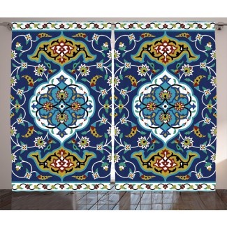  Br endan Motivo oriental auténtico marroquí con azulejos de estilo bizantino vintage Obra de arte Impresión gráfica y texto Paneles de cortina de bolsillo con varilla semitransparente (juego de 2) 