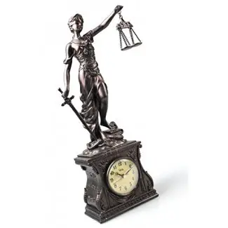  18.5 "Lady Justice Statue Reloj de mesa, Diosa griega decorativa Reloj de chimenea escultórico Figura de mitología antigua Bronce Figura Acabado, Legal 