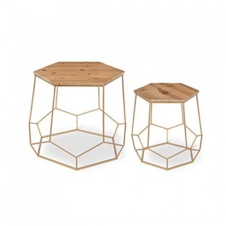 Kate y Laurel Gada Mesas laterales decorativas rústicas y modernas de 2 piezas Base metálica dorada geométrica con tapa de madera natural