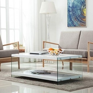  LAGRIMA - Mesa de centro moderna con 2 neumáticos, mesa de sala rectangular blanca brillante, MDF y vidrio 