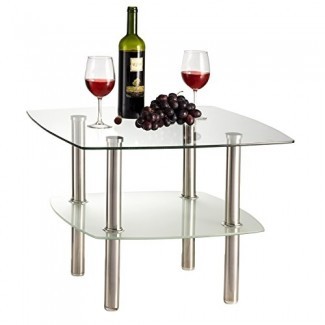  Mesa de centro de vidrio fino / mesa auxiliar de 2 niveles, tapa de vidrio y patas de metal plateado 