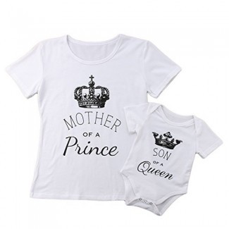  Mommy and Me, Mother and Son Matching Crown Letter Print T-shirts Monos Ropa familiar Trajes 
