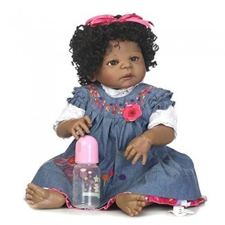  SCDOLL African American Reborn Baby Dolls Cuerpo completo de silicona Realista Muñecas recién nacidas realistas Niña negra en vestido de mezclilla 22 pulgadas 56 cm 