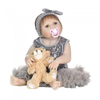 Forgun 22in Recién nacido realista de silicona completa Baby Doll-Grey Lentejuelas Vestido de malla Brown Bear Bow Diadema Juguetes para la primera infancia 