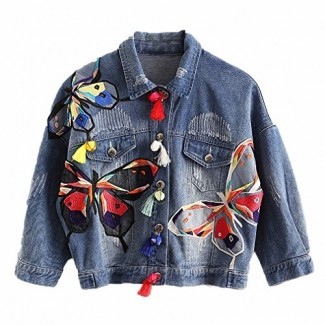  Huiwa Womens Denim Jacket Colorido Butterfly Embroidery Jeans Chaquetas Diseños de parche 