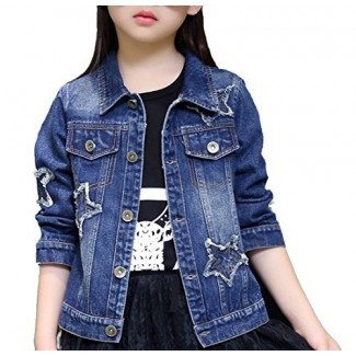  YUFAN Girls Ripped Distressed Star Patches & Pearl Beading Blue Denim Jean Jacket 