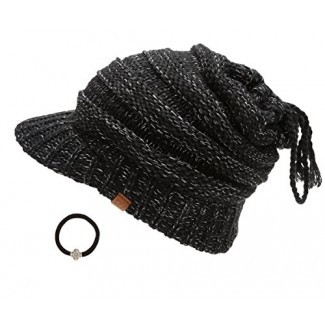 D&Y Beanie Tail Cable Knit Visor Knit Visor Ponytail Beanie Hat With Hair Tie. 