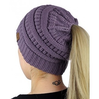  C.C BeanieTail Soft Stretch Cable Knit Messy High Bun Ponytail Beanie Hat 