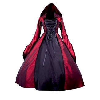  Vestido de bruja lolita de Halloween con capucha de popelina victoriana de manga larga para mujeres Partiss 