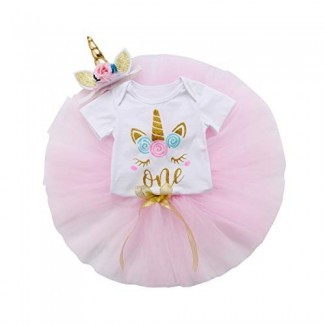  3PCS Unicorn Outfit Newborn Baby Girls 1st Birthday Romper + Tutu Skirt Dress + Headband Clothing Set 