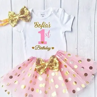  Funmunchkins Personalized Baby Girls 1st Birthday Outfit, Sparkly Gold Glittering Font Design with Tutu 