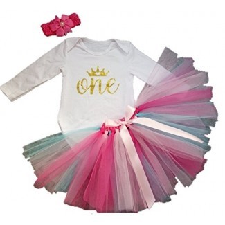  AISHIONY 3PCs Baby Girls '1st Birthday Tutu Onesie Skirt Dress Headband Outfit 