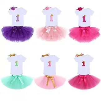  Baby Girl First Birthday Clothes 1st Crown Romper + Ruffle Tulle Skirt + Bow Headband 3PCS Party Dress Set Smash Cake Outfit 
