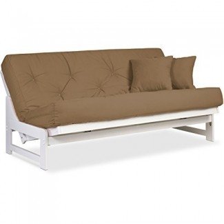  Juego de futones blancos Arden tamaño Full o Queen - Armazón de futones de madera sin brazos con colchón incluido, más colores de colchón disponibles, cómodo sofá cama moderno ahorrador de espacio 