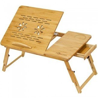  Mesa de escritorio ajustable para computadora portátil de bambú, escritorio ajustable de bambú natural [100% Organic] para mesa de computadora portátil / escritorio de lectura / bandeja de cama para desayuno con cajón superior inclinable 