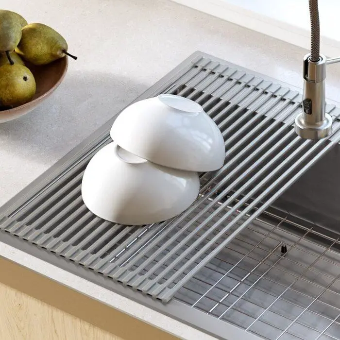 Stainless Steel Over the Sink Multipurpose Roll-Up Drain Tray Estante para platos de encimera de acero inoxidable gris