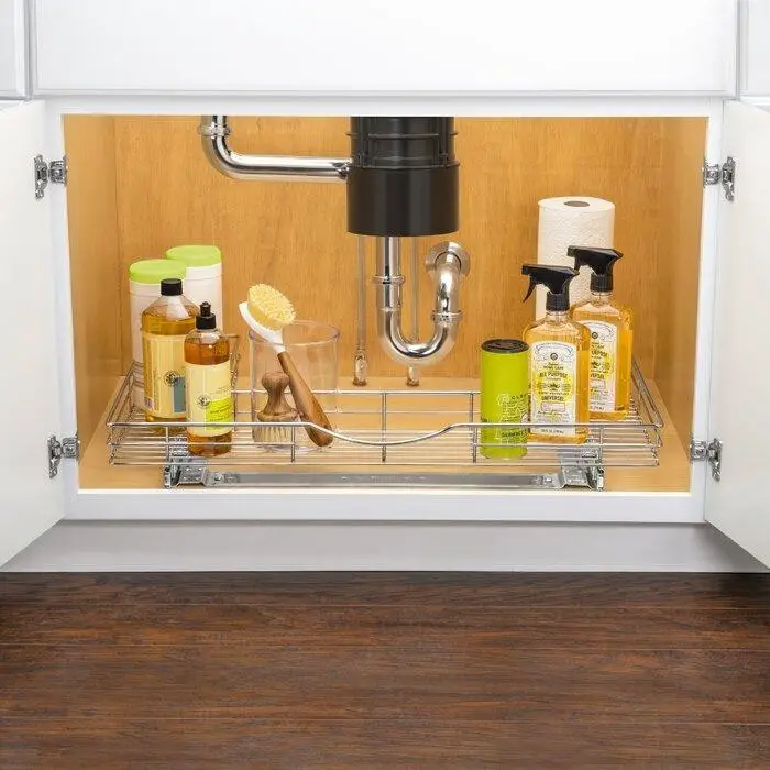 Chrome Metal U-Shaped Slide Out Under Sink Pull Out Drawer Cajón deslizable en forma de U de metal cromado hacia afuera debajo del cajón extraíble del fregadero