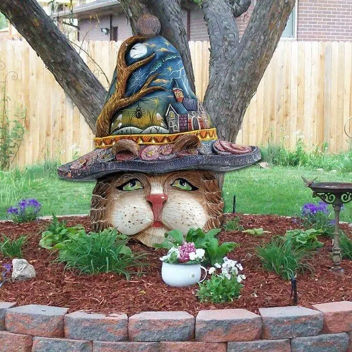 Freestanding Wall-Mounted Wood Cat Lawn Art Figurine Estatuilla independiente de arte de césped de gato de madera montada en la pared