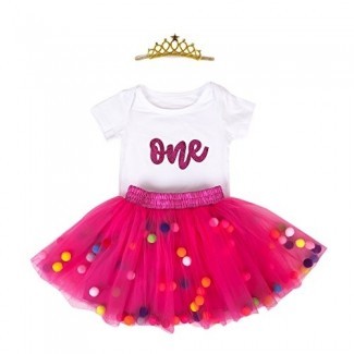  Baby Girls 1st Birthday Outfit Glitter One Romper Balls Falda Corona Diadema 