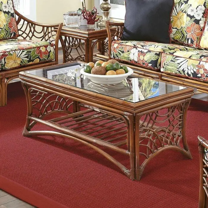 Brown Wicker Rattan Tempered Glass Coffee Table Mesa de centro de mimbre marrón de vidrio templado de mimbre