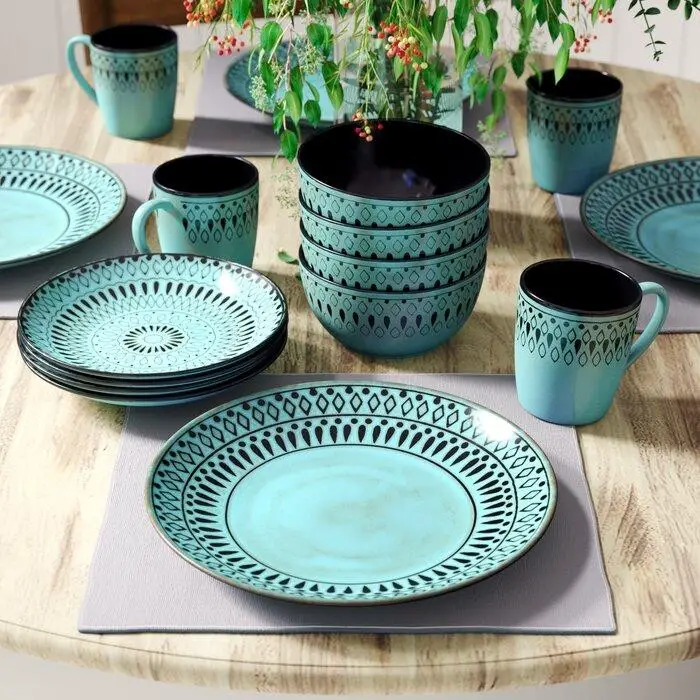 Turquoise Black Stoneware Dinnerware Set Juego de vajilla de plato de ensalada de gres negro turquesa