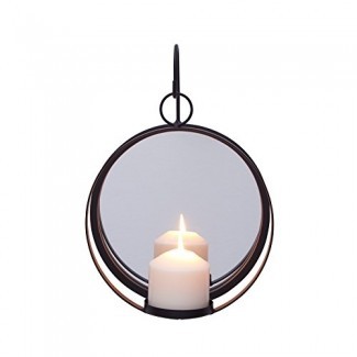  Danya B. Lámpara de vela redonda con pilar de hierro forjado con espejo - Un candelabro decorativo de pared de metal rústico 